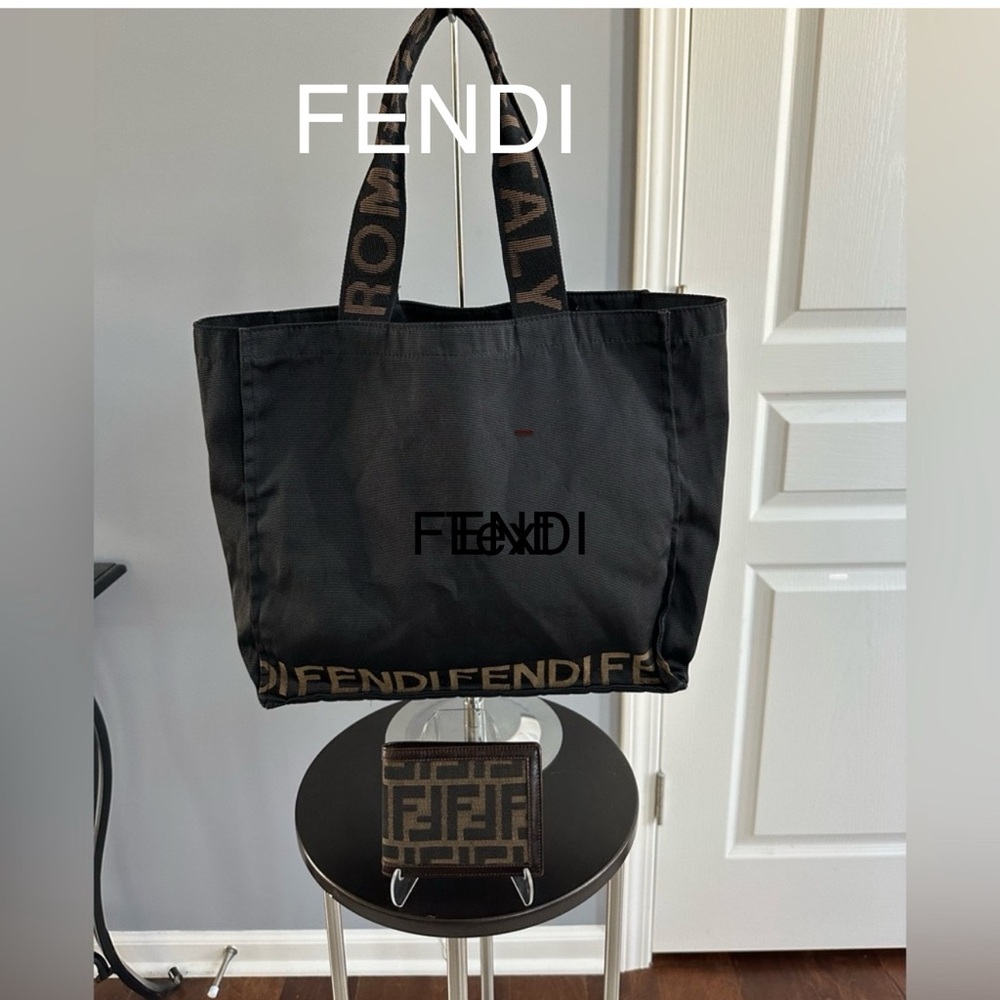 Fendi Bundle Canvas Shopper Tote & Zucca Bifold Wallet Set - Authentic
